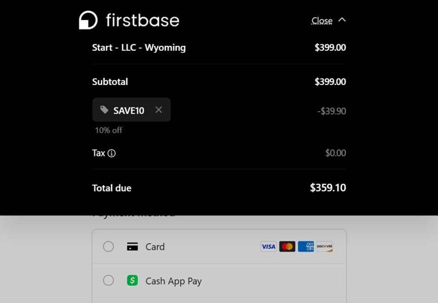 Firstbase.io, Inc. checkout page showing Firstbase.io, Inc. promo code box | Screenshot taken by SimplyCodes community member on Jul 19, 2025