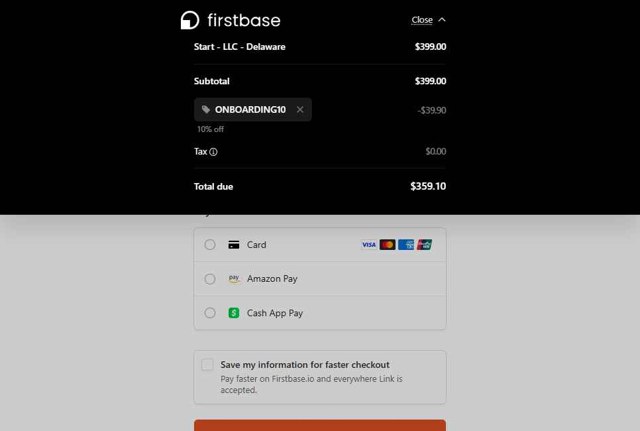 Firstbase.io, Inc. checkout page showing Firstbase.io, Inc. promo code box | Screenshot taken by SimplyCodes community member on Jul 28, 2025
