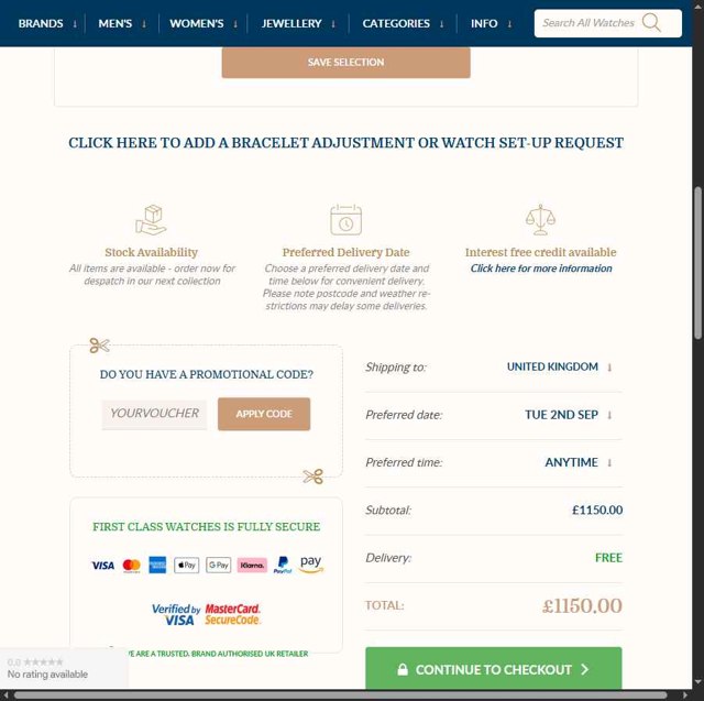 First Class Watches checkout page showing First Class Watches promo code box | Screenshot taken by SimplyCodes community member on Aug 31, 2025