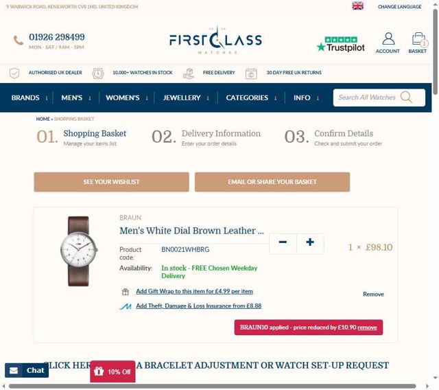 First Class Watches checkout page showing First Class Watches promo code box | Screenshot taken by SimplyCodes community member on Aug 21, 2025