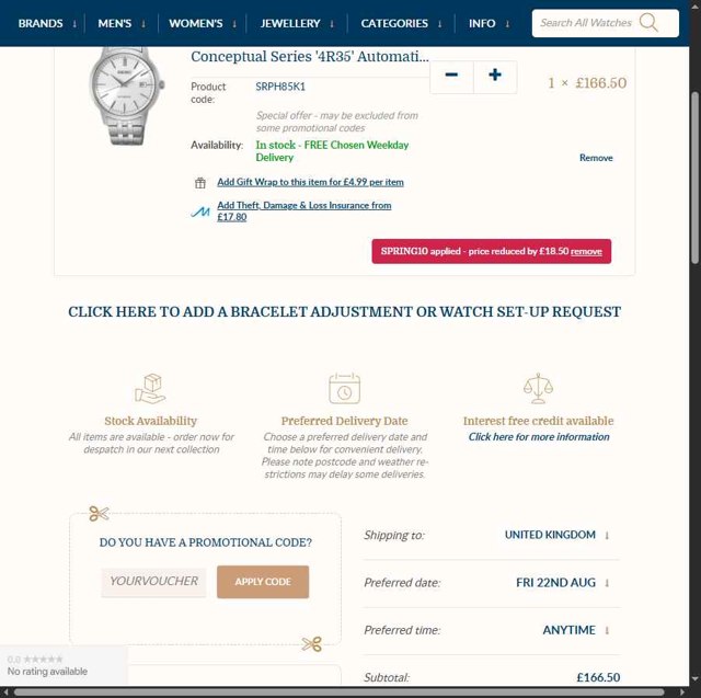 First Class Watches checkout page showing First Class Watches promo code box | Screenshot taken by SimplyCodes community member on Aug 21, 2025