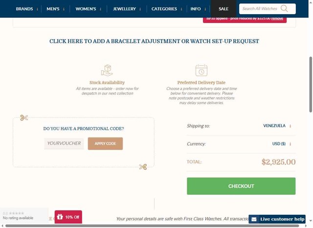 First Class Watches checkout page showing First Class Watches promo code box | Screenshot taken by SimplyCodes community member on Aug 19, 2025