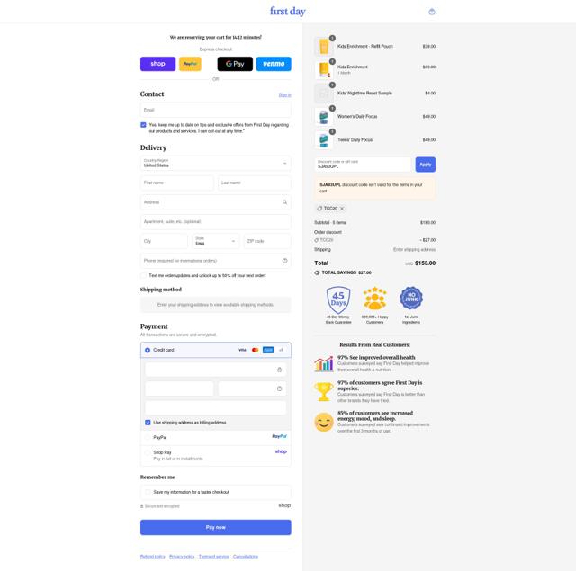 First Day checkout page showing First Day coupon code box | Screenshot taken by SimplyCodes community member on Sep 10, 2025