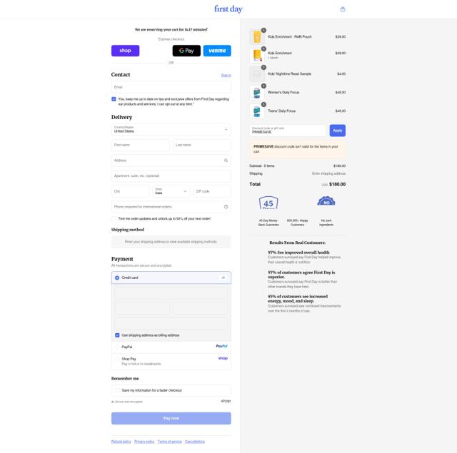 First Day checkout page showing First Day coupon code box | Screenshot taken by SimplyCodes community member on Sep 10, 2025