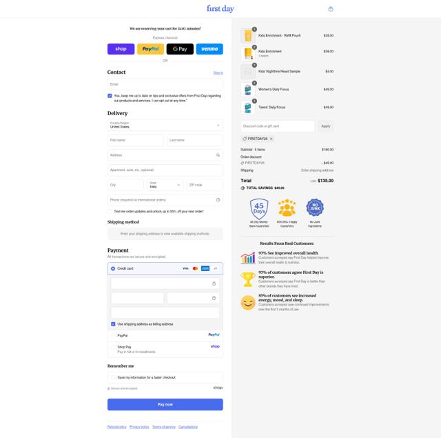 First Day checkout page showing First Day coupon code box | Screenshot taken by SimplyCodes community member on Sep 10, 2025