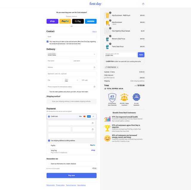 First Day checkout page showing First Day coupon code box | Screenshot taken by SimplyCodes community member on Sep 10, 2025