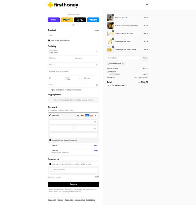First Honey checkout page showing First Honey coupon code box | Screenshot taken by SimplyCodes community member on Sep 9, 2025