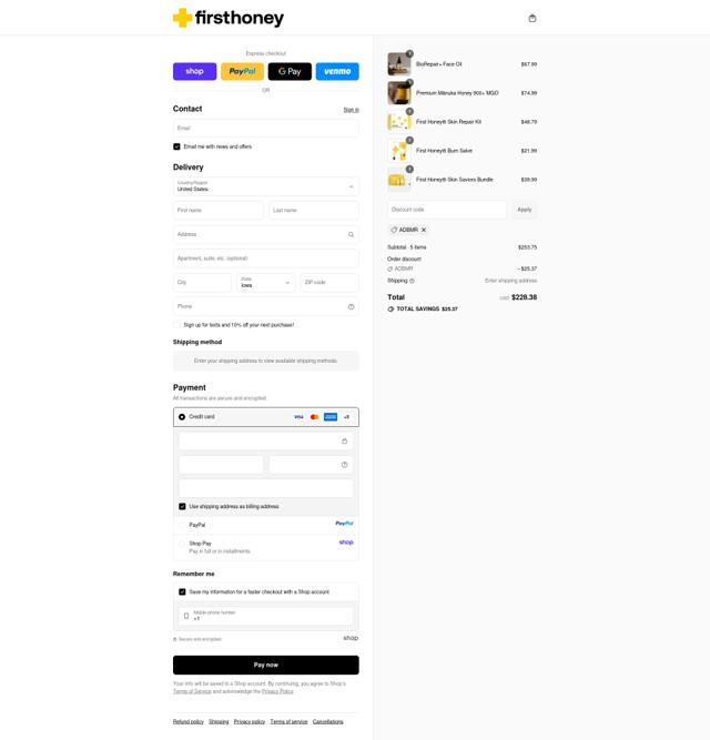 First Honey checkout page showing First Honey coupon code box | Screenshot taken by SimplyCodes community member on Sep 13, 2025