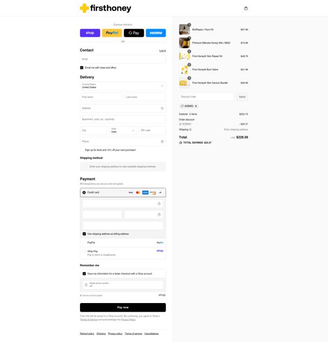 First Honey checkout page showing First Honey coupon code box | Screenshot taken by SimplyCodes community member on Sep 9, 2025