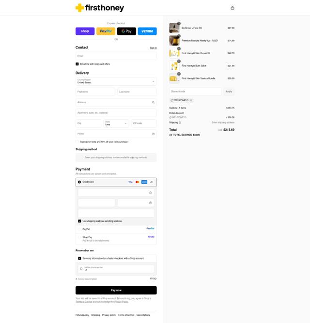 First Honey checkout page showing First Honey coupon code box | Screenshot taken by SimplyCodes community member on Sep 13, 2025