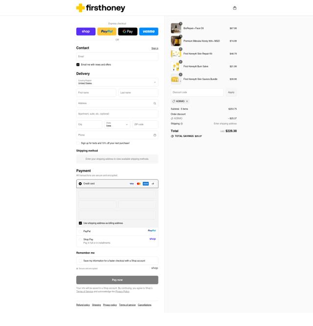 First Honey checkout page showing First Honey coupon code box | Screenshot taken by SimplyCodes community member on Sep 13, 2025
