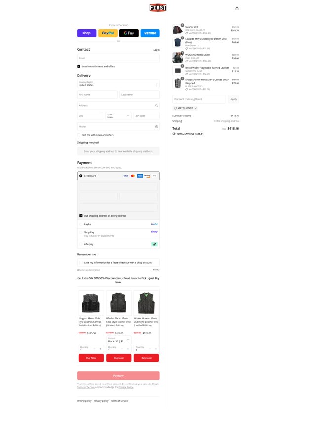 First MFG Co. checkout page showing First MFG Co. discount code box | Screenshot taken by SimplyCodes community member on Sep 4, 2025
