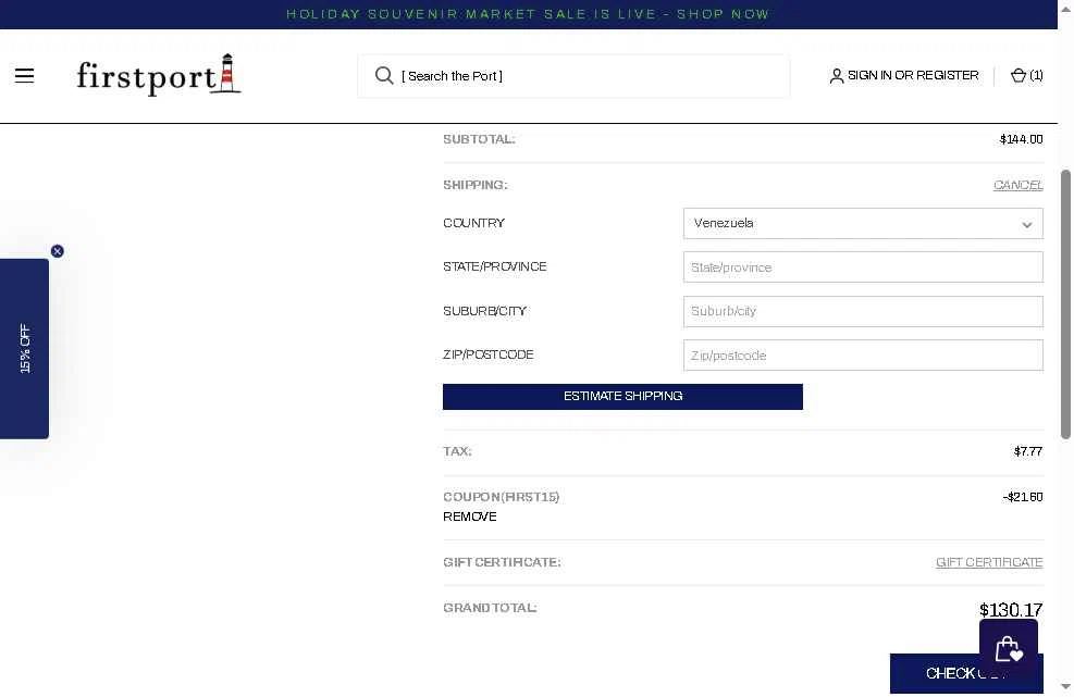 Firstport Company checkout page showing Firstport Company promo code box | Screenshot taken by SimplyCodes community member on Dec 27, 2025
