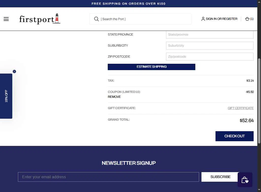 Firstport Company checkout page showing Firstport Company promo code box | Screenshot taken by SimplyCodes community member on Feb 20, 2026