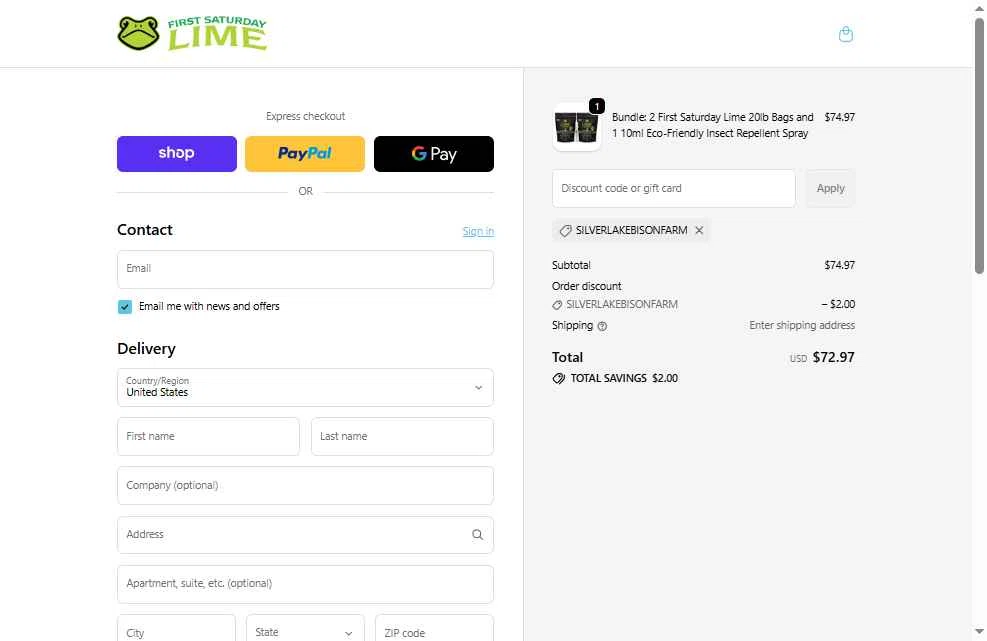 First Saturday Lime checkout page showing First Saturday Lime discount code box | Screenshot taken by SimplyCodes community member on Jan 11, 2026