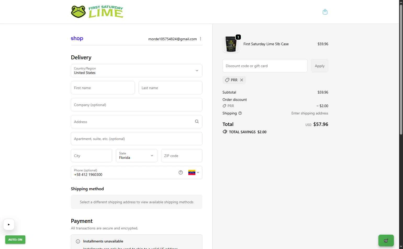 First Saturday Lime checkout page showing First Saturday Lime discount code box | Screenshot taken by SimplyCodes community member on Jan 11, 2026