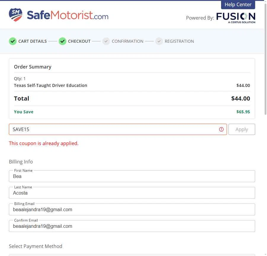 First Time Driver checkout page showing First Time Driver promo code box | Screenshot taken by SimplyCodes community member on Nov 1, 2025