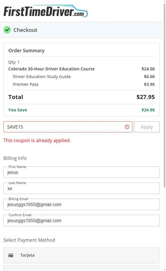 First Time Driver checkout page showing First Time Driver promo code box | Screenshot taken by SimplyCodes community member on Oct 3, 2025