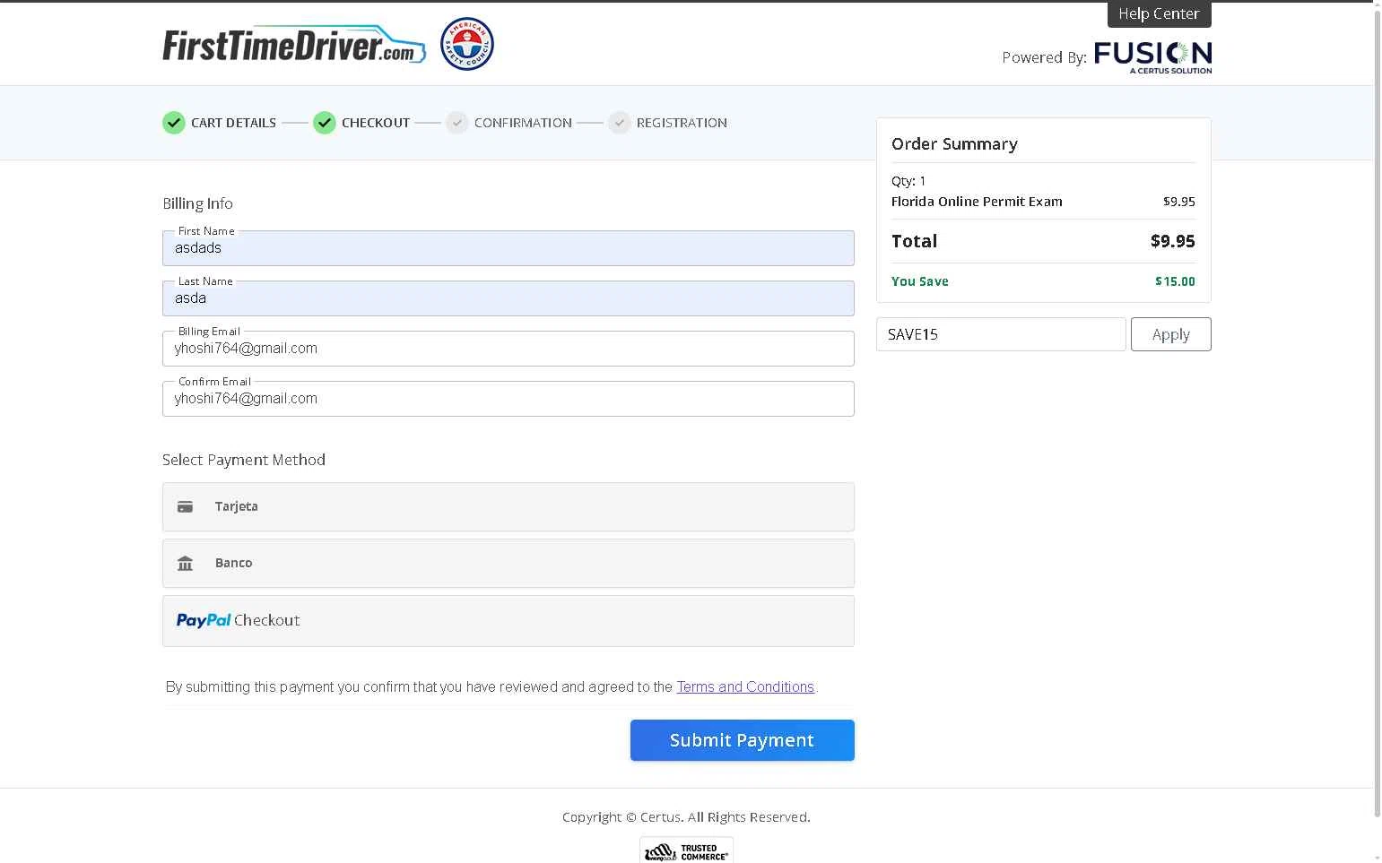 First Time Driver checkout page showing First Time Driver promo code box | Screenshot taken by SimplyCodes community member on Jul 8, 2025