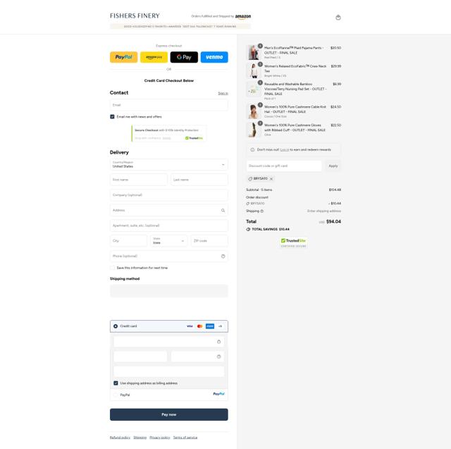 Fishers Finery checkout page showing Fishers Finery coupon code box | Screenshot taken by SimplyCodes community member on Sep 13, 2025