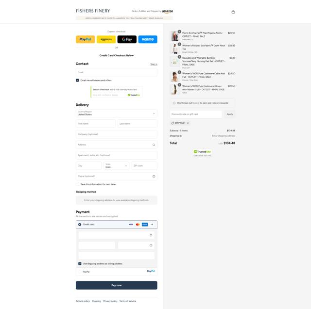 Fishers Finery checkout page showing Fishers Finery coupon code box | Screenshot taken by SimplyCodes community member on Sep 13, 2025