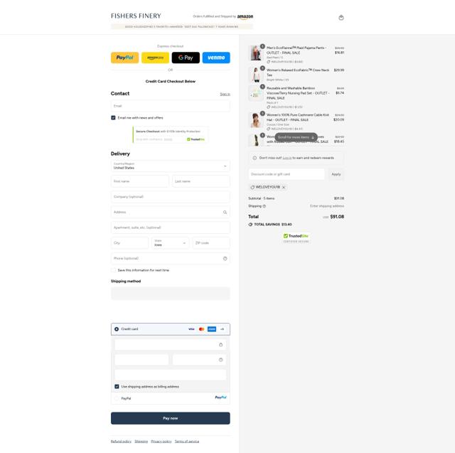 Fishers Finery checkout page showing Fishers Finery coupon code box | Screenshot taken by SimplyCodes community member on Sep 13, 2025