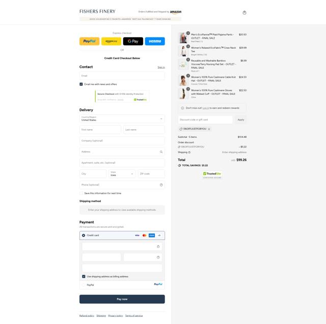 Fishers Finery checkout page showing Fishers Finery coupon code box | Screenshot taken by SimplyCodes community member on Sep 13, 2025