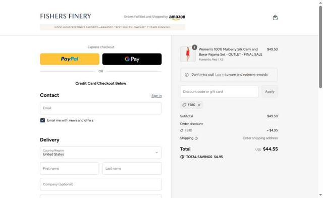 Fishers Finery checkout page showing Fishers Finery coupon code box | Screenshot taken by SimplyCodes community member on Sep 9, 2025