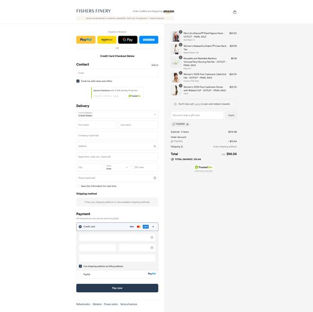Fishers Finery checkout page showing Fishers Finery coupon code box | Screenshot taken by SimplyCodes community member on Sep 13, 2025