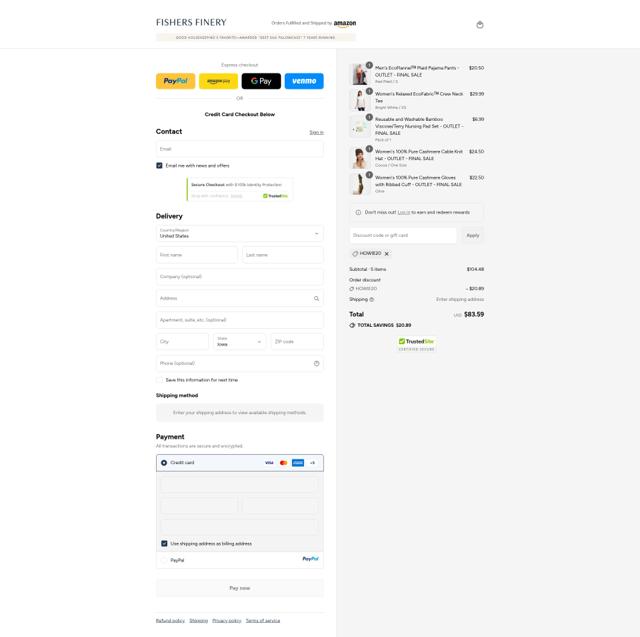 Fishers Finery checkout page showing Fishers Finery coupon code box | Screenshot taken by SimplyCodes community member on Sep 13, 2025
