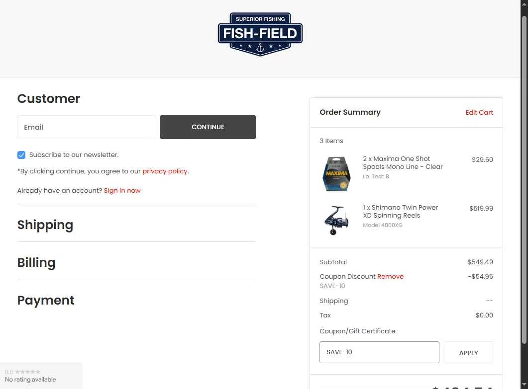 Fish-Field checkout page showing Fish-Field promo code box | Screenshot taken by SimplyCodes community member on Aug 20, 2025