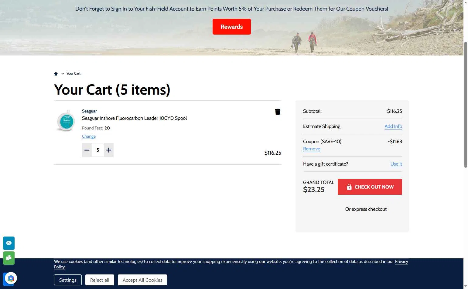 Fish-Field checkout page showing Fish-Field promo code box | Screenshot taken by SimplyCodes community member on Oct 6, 2025