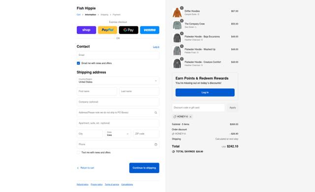 Fish Hippie checkout page showing Fish Hippie promo code box | Screenshot taken by SimplyCodes community member on Sep 8, 2025
