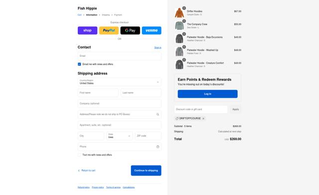 Fish Hippie checkout page showing Fish Hippie promo code box | Screenshot taken by SimplyCodes community member on Sep 12, 2025