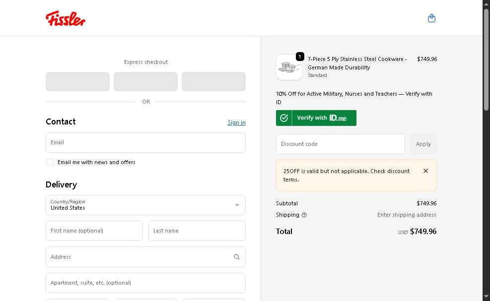 Fissler US checkout page showing Fissler US promo code box | Screenshot taken by SimplyCodes community member on Dec 29, 2025