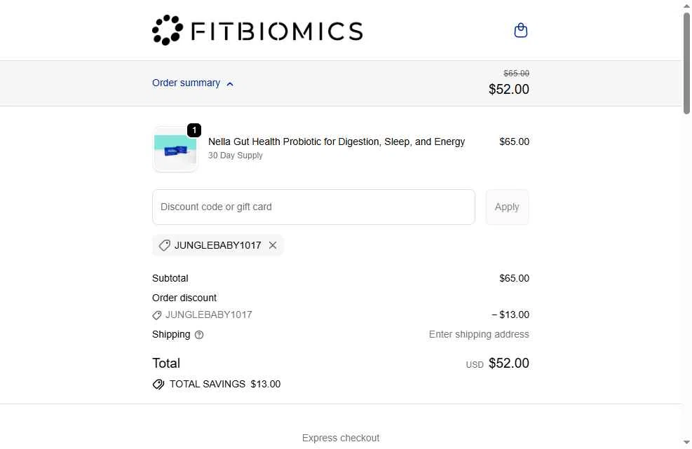 Fitbiomics checkout page showing Fitbiomics promo code box | Screenshot taken by SimplyCodes community member on Jan 2, 2026