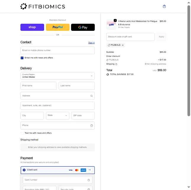 Fitbiomics checkout page showing Fitbiomics promo code box | Screenshot taken by SimplyCodes community member on Nov 15, 2025