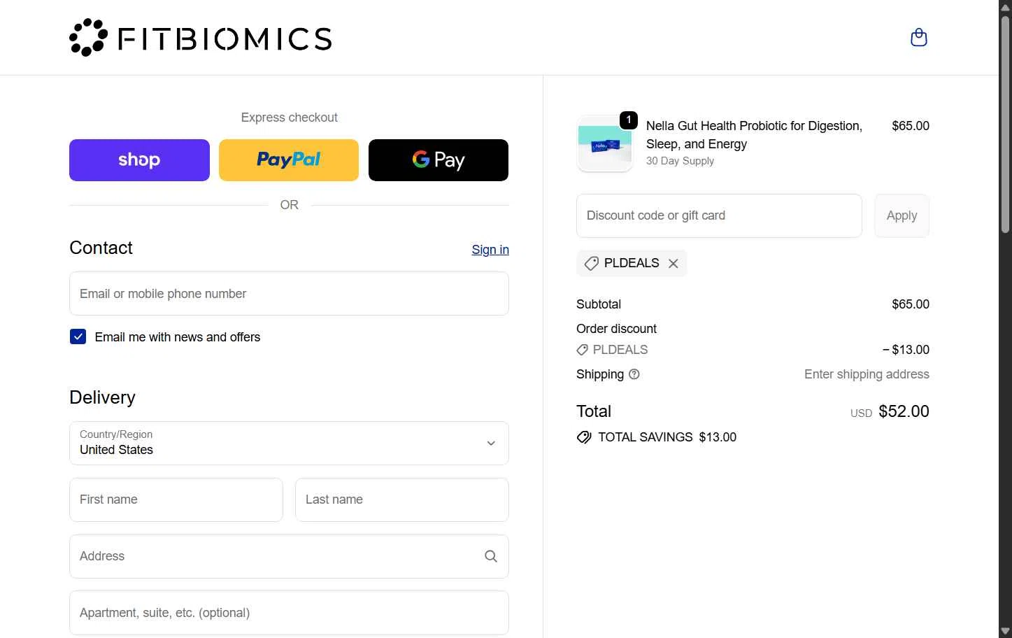 Fitbiomics checkout page showing Fitbiomics promo code box | Screenshot taken by SimplyCodes community member on Dec 14, 2025
