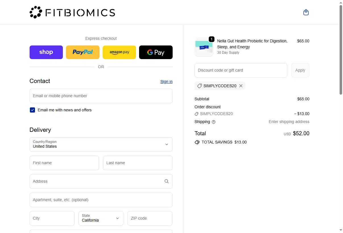 Fitbiomics checkout page showing Fitbiomics promo code box | Screenshot taken by SimplyCodes community member on Dec 2, 2025