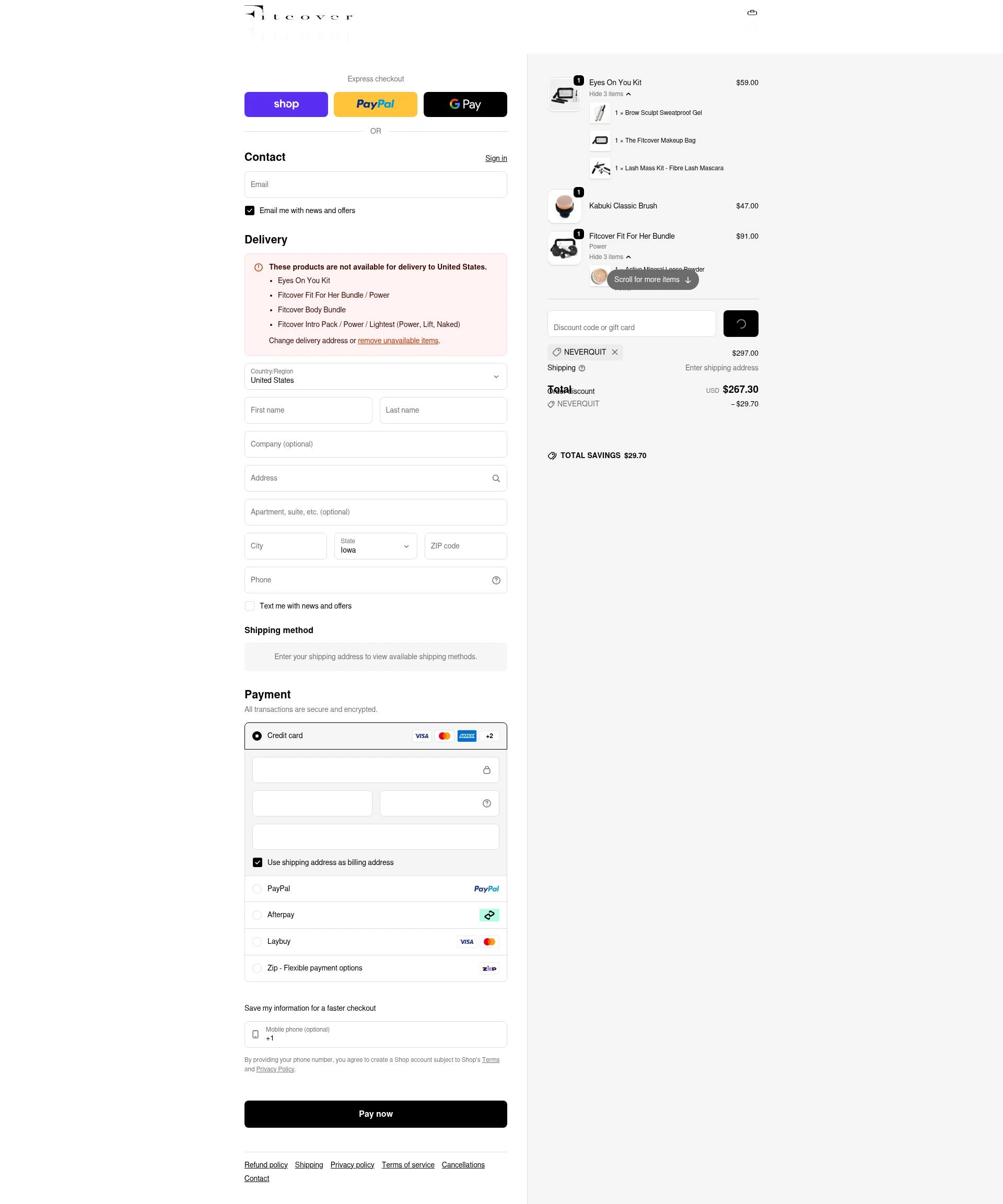 Fitcover checkout page showing Fitcover promo code box | Screenshot taken by SimplyCodes community member on Feb 13, 2026