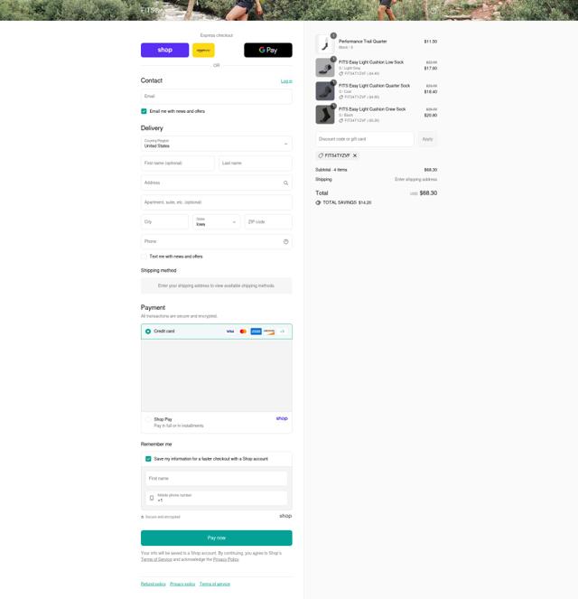Fits checkout page showing Fits discount code box | Screenshot taken by SimplyCodes community member on Sep 9, 2025