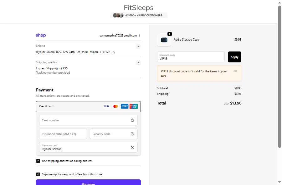 FitSleeps checkout page showing FitSleeps promo code box | Screenshot taken by SimplyCodes community member on Dec 5, 2025
