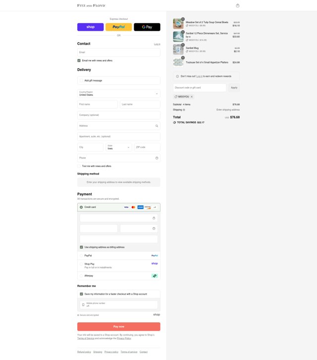 Fitz and Floyd checkout page showing Fitz and Floyd promo code box | Screenshot taken by SimplyCodes community member on Sep 5, 2025