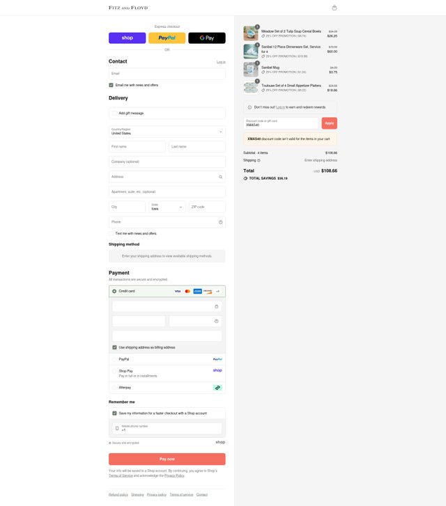 Fitz and Floyd checkout page showing Fitz and Floyd promo code box | Screenshot taken by SimplyCodes community member on Sep 6, 2025