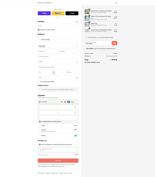 Fitz and Floyd checkout page showing Fitz and Floyd promo code box | Screenshot taken by SimplyCodes community member on Sep 6, 2025