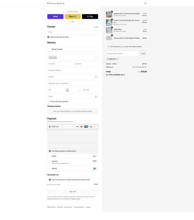 Fitz and Floyd checkout page showing Fitz and Floyd promo code box | Screenshot taken by SimplyCodes community member on Sep 2, 2025