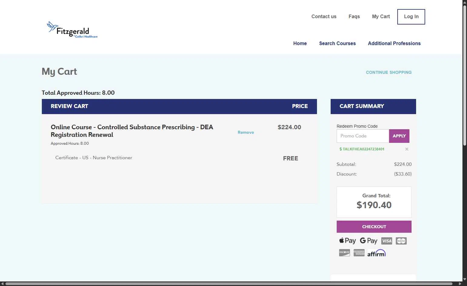 Fitzgerald checkout page showing Fitzgerald coupon code box | Screenshot taken by SimplyCodes community member on Feb 19, 2026