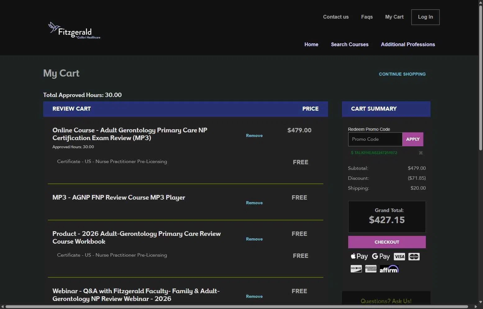 Fitzgerald checkout page showing Fitzgerald coupon code box | Screenshot taken by SimplyCodes community member on Feb 19, 2026