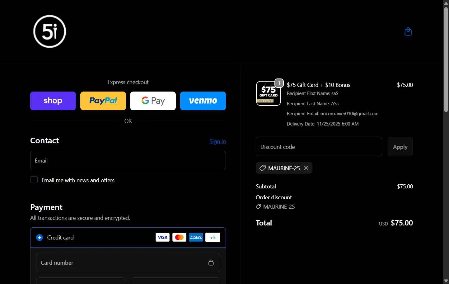 Five Iron Golf checkout page showing Five Iron Golf promo code box | Screenshot taken by SimplyCodes community member on Nov 25, 2025