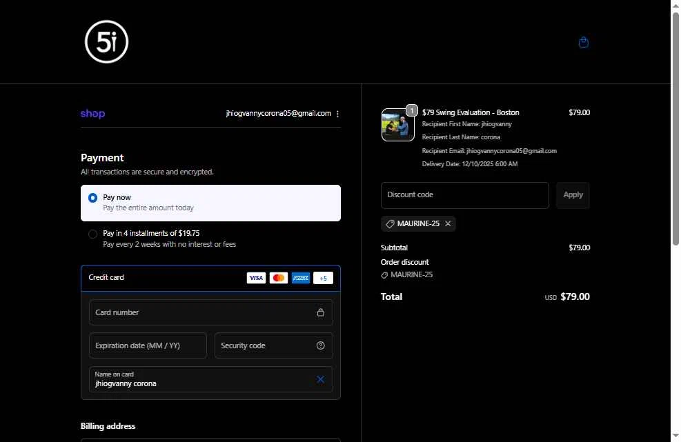 Five Iron Golf checkout page showing Five Iron Golf promo code box | Screenshot taken by SimplyCodes community member on Dec 9, 2025